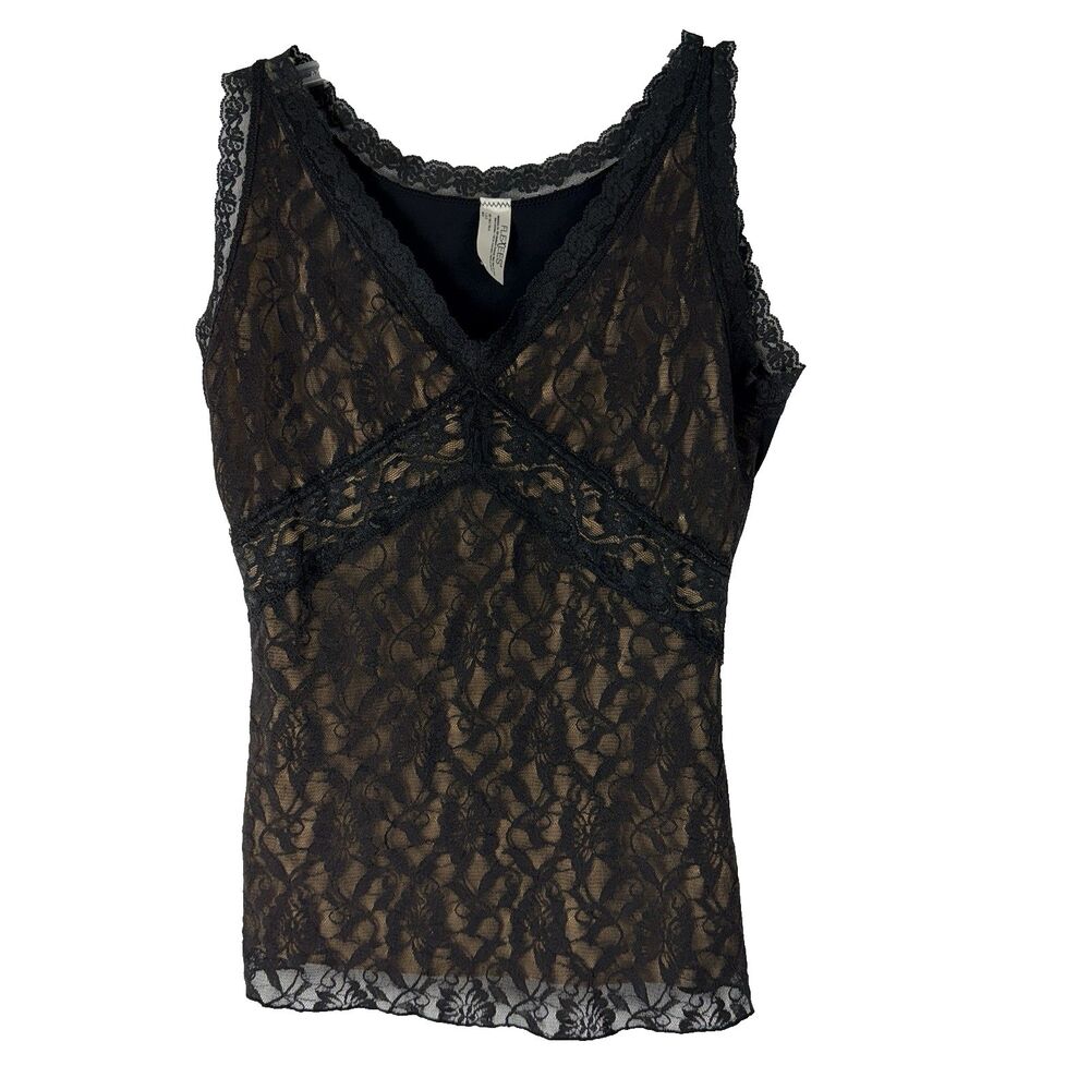 Flexees Floral Large Lace Shaping Camisole Tank Top Black Romantic Dainty Goth